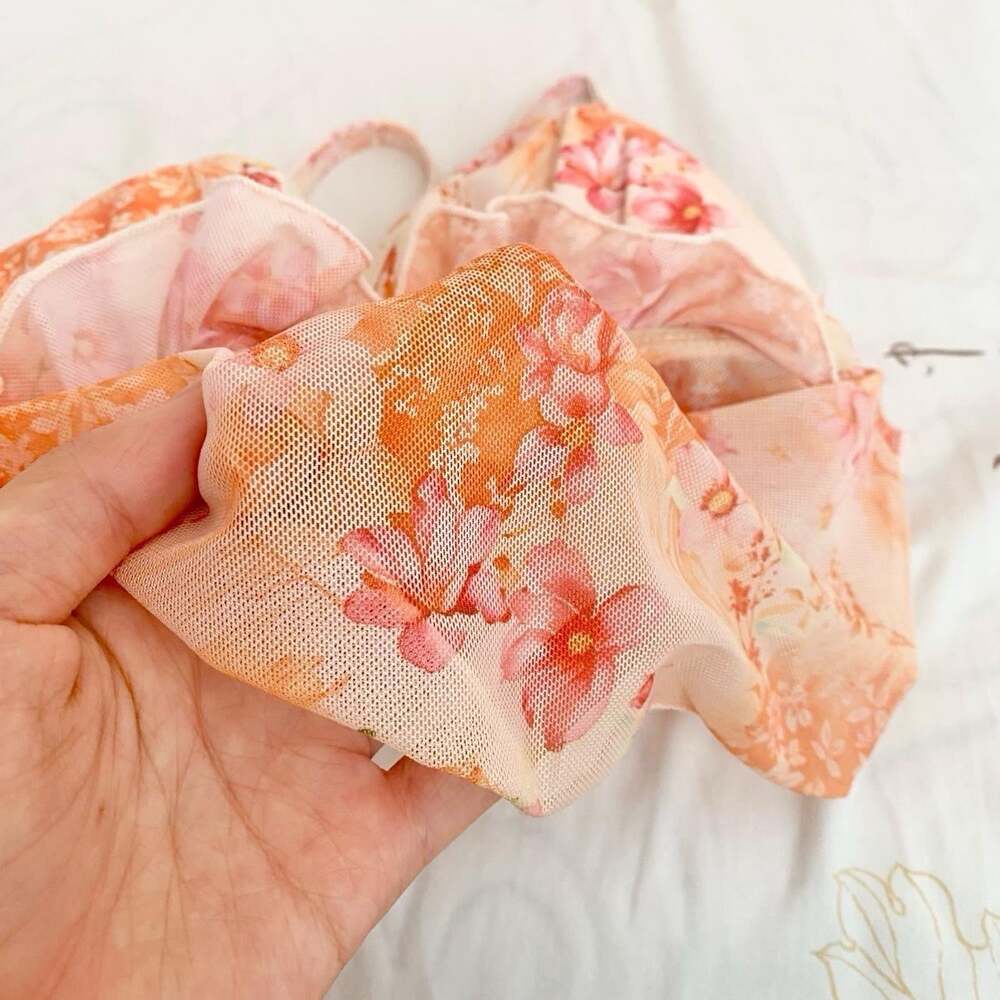 orange bikini top with floral print, ruffles, and bow - Picture 4 of 4
